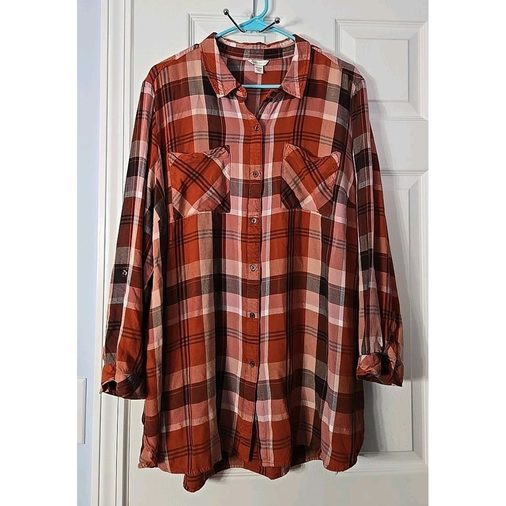 CATO EST 1946 Brown/Red Plaid Cotton Long Sleeve Button Shirt; Size 22/24W